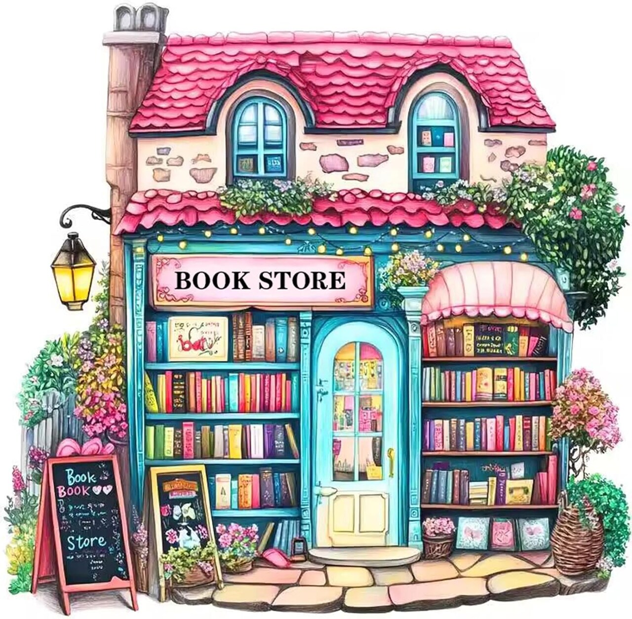 Pink Bookstore Diamond Painting Kit for Adults – 5D DIY Diamond Art by Numbers, Full Round Drill Diamond Painting for Home Wall Decor, 13.8 x 13.8 in